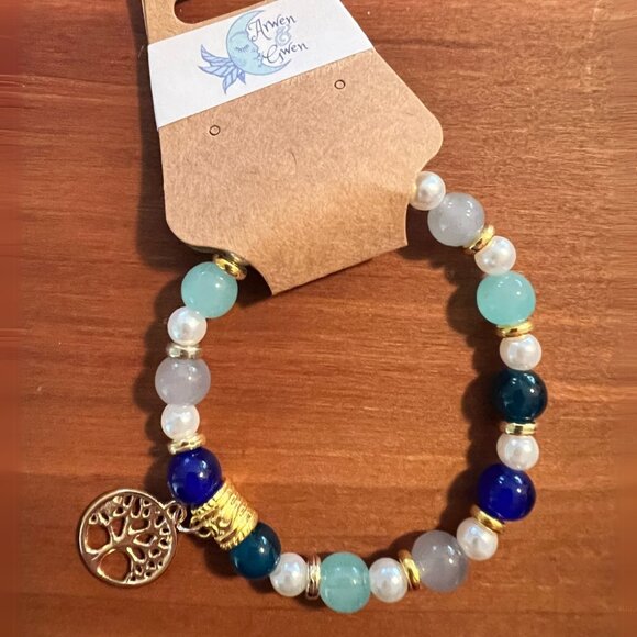 Blue Green Glass Beaded Stretchy Bracelet w/ Tree of Life Charm, Gold Accents - Picture 2 of 2